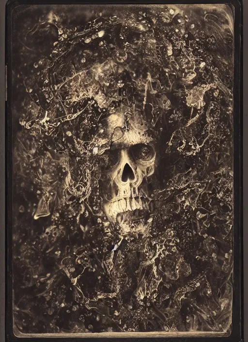 Image similar to old wetplate daguerreotype portrait of demons, explosion of data fragments, fractal, intricate, elegant, highly detailed, parallax, leica, medium format, subsurface scattering, by jheronimus bosch and greg rutkowski and louis jacques mande daguerre