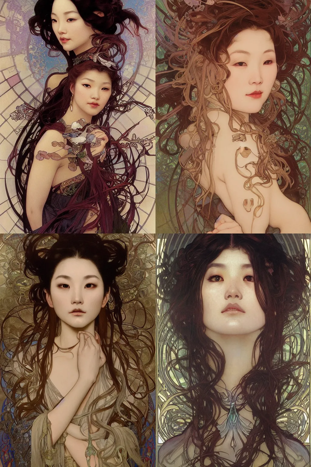 Prompt: stunning, breathtaking, awe-inspiring award-winning realistic concept art face portrait of Ashley Liao, by Alphonse Mucha, Ayami Kojima, Amano, Charlie Bowater, Karol Bak, Greg Hildebrandt, Jean Delville, and Mark Brooks, Art Nouveau, Neo-Gothic, gothic, rich deep colors, cyberpunk, extremely moody lighting, glowing light and shadow, atmospheric, shadowy, cinematic, 8K
