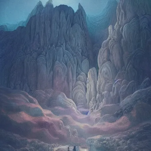 Image similar to beautiful scene from a dream. mountains. digital artwork by vincent bons, michael whelan, remedios varo and gerardo dottori. grainy and rough. interesting pastel colour palette. beautiful light. oil and water colour based on high quality render.