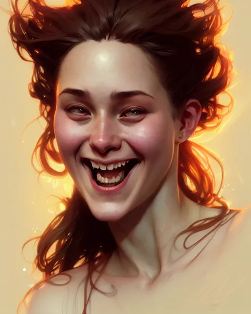 Prompt: portrait of megan laughing, intricate, headshot, highly detailed, digital painting, artstation, concept art, sharp focus, cinematic lighting, illustration, art by artgerm and greg rutkowski, alphonse mucha, cgsociety