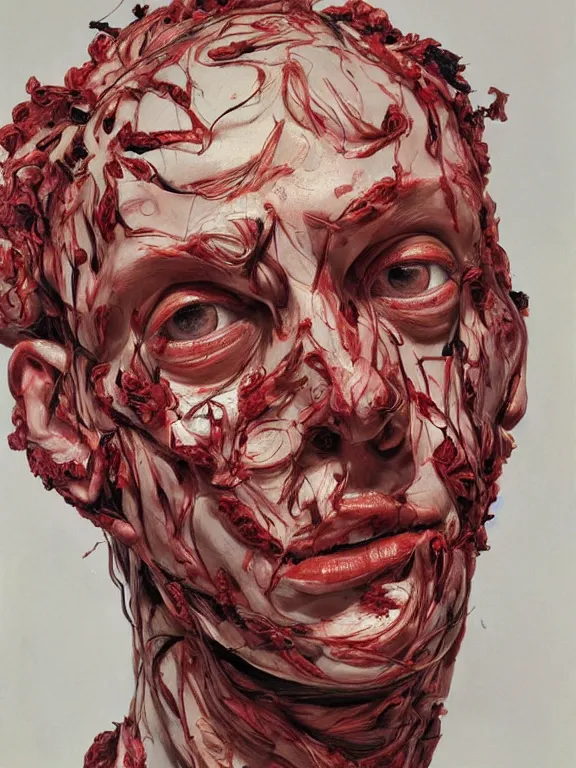 Image similar to twisted head, head made of roses, portrait by jenny saville