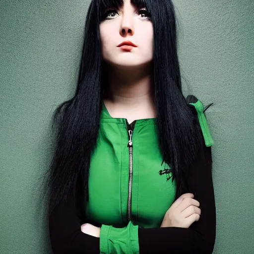 Prompt: black - haired pale - skinned girl with emo hair over eye, green eyes, wearing cherry red jacket and black spandex pants