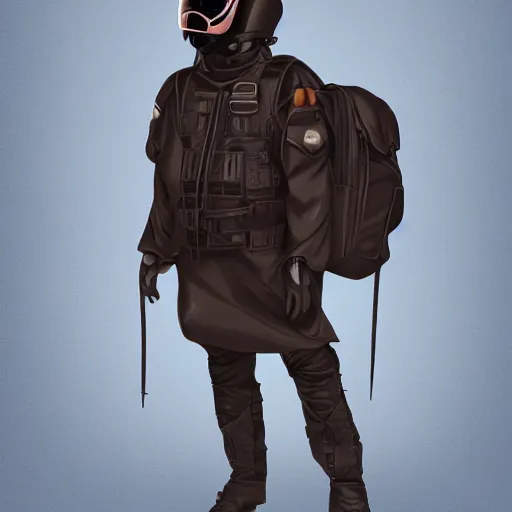 Image similar to futuristic rebel wearing black helmet, brown cloak, technical vest, and a backpack, photorealistic, digital art