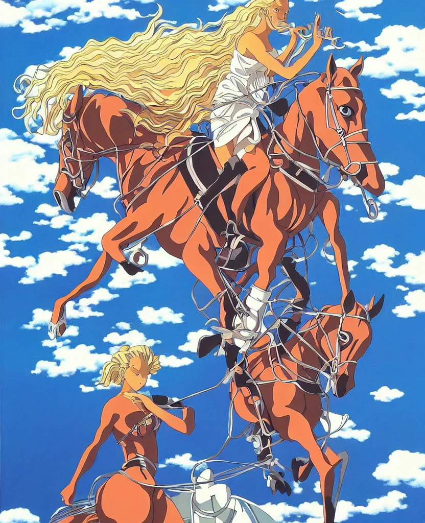 Prompt: beautiful painting from the anime film by studio ghibli, Beyoncé in a crystal outfit riding a diamond horse, painting by MC Escher, trending on artstation