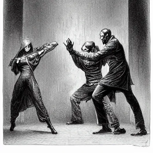 Image similar to A scene from the Matrix as drawn by Gustave Doré with Neo fighting a thousand agents Smith