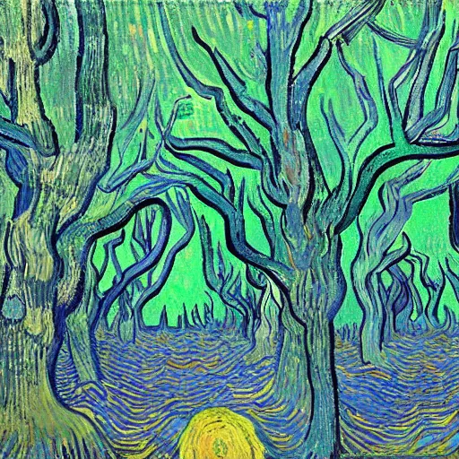 Image similar to fluo trees with eyes and body parts by van gogh