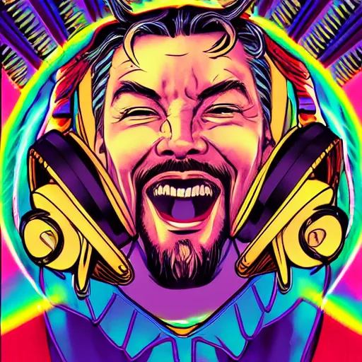 Image similar to artgerm, psychedelic laughing cybertronic dr. strange, rocking out, headphones dj rave, digital artwork, r. crumb, svg vector