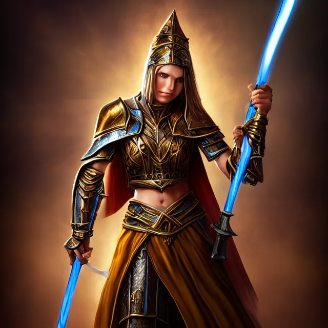 Image similar to cleric warrior with light powers, 4 k, hdr, smooth, sharp focus, high resolution, award - winning photo, anne stokes, photorealistic