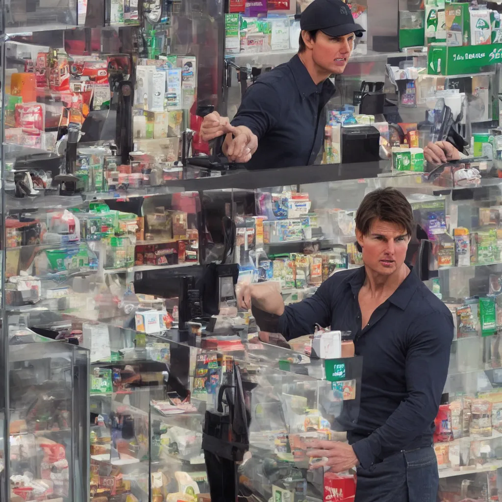 Prompt: Tom Cruise working as a 7/11 cashier, artstation, accurate, 8k, HD