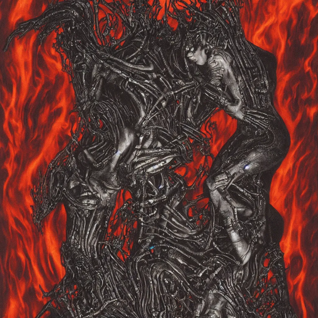 Image similar to a detailed demon ballerina leaving a trail of smoke in a pool of lava by h. r. giger