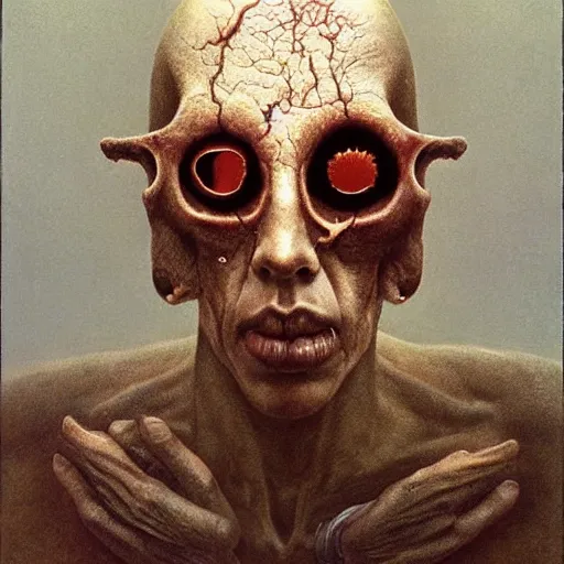 Image similar to a person with giant bloody holes in their eyesockets instead of eyes, zdzisław beksinski, dariusz zawadzki, mark powell, keith thompson