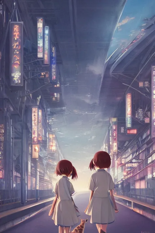 Prompt: Ultra realistic 3d illustration, two cute anime schoolgirls hugging cat on huge japanese elevated subway at dark sunset. fantasy, elegant, dramatic light, trending on artstation, smooth, sharp focus, illustration, art by hiro kiyohara and hayao miyazaki oil painting