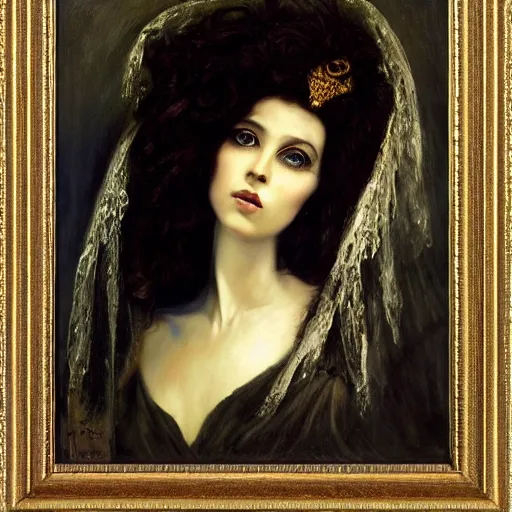 Image similar to oil painting of princess Vulvine, Hungarian, curly dark hair, fair skin, funeral veil, dark ominous by Georgia o Keeffe, by Marcel Jankowicz, Paul Ruben's, by Gustave Moreau, concept art, master, realism, romantism