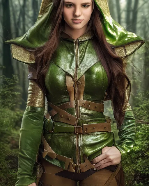 Image similar to a beautiful image of a young woman, green elf ranger with long flowing hair and a green leather hood, elf ranger leather armor with olive green and brown colors and gold lining, young female face, realistic body proportions, proper female figure, inside deep in a magical forest, cinematic top lighting, insanely detailed and intricate, face by wlop, Charlie Bowater, designs by zhelong xu and gustave doré, golden ratio, symmetric, elegant, ornate, luxury, elite, matte painting, cinematic, trending on artstation, deviantart and cgsociety, 8k, high resolution