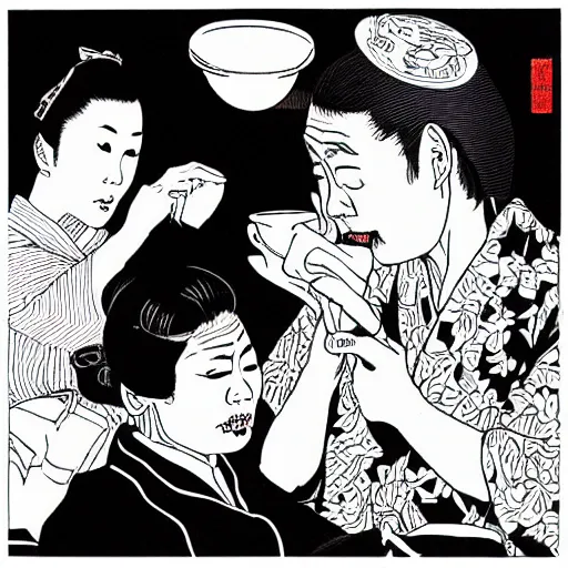 Image similar to A Japanese husband and his beautiful Japanese wife with a snake crawling around them, drinking tea by Toshio Saeki, high detailed