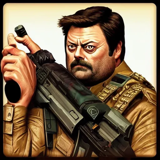 Prompt: “Nick Offerman (with accurate face) as soldier in the DOOM game, photorealistic 8k, original doom cover style”