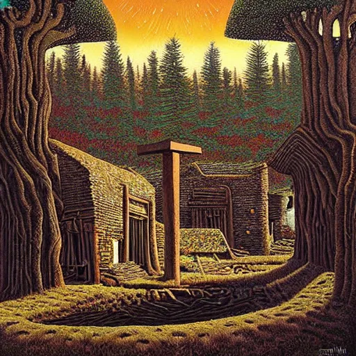 Image similar to an ancient village in the woods, painting by jeffrey smith