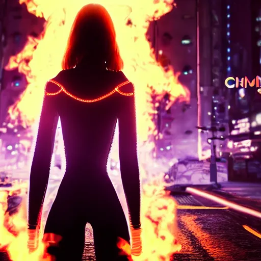 Prompt: beautiful young blonde russian woman from back with flames dancing on her hands with very long jacket in cyberpunk city, realistic, high definition, 4K, shimmering color, art of unreal engine 5 H 1280