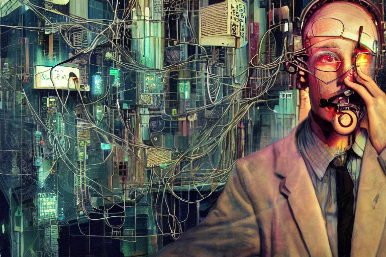 Prompt: man with wires on his head and a cigarette in his mouth, cyberpunk art by daniel merriam, behance contest winner, panfuturism, circuitry, darksynth, future tech