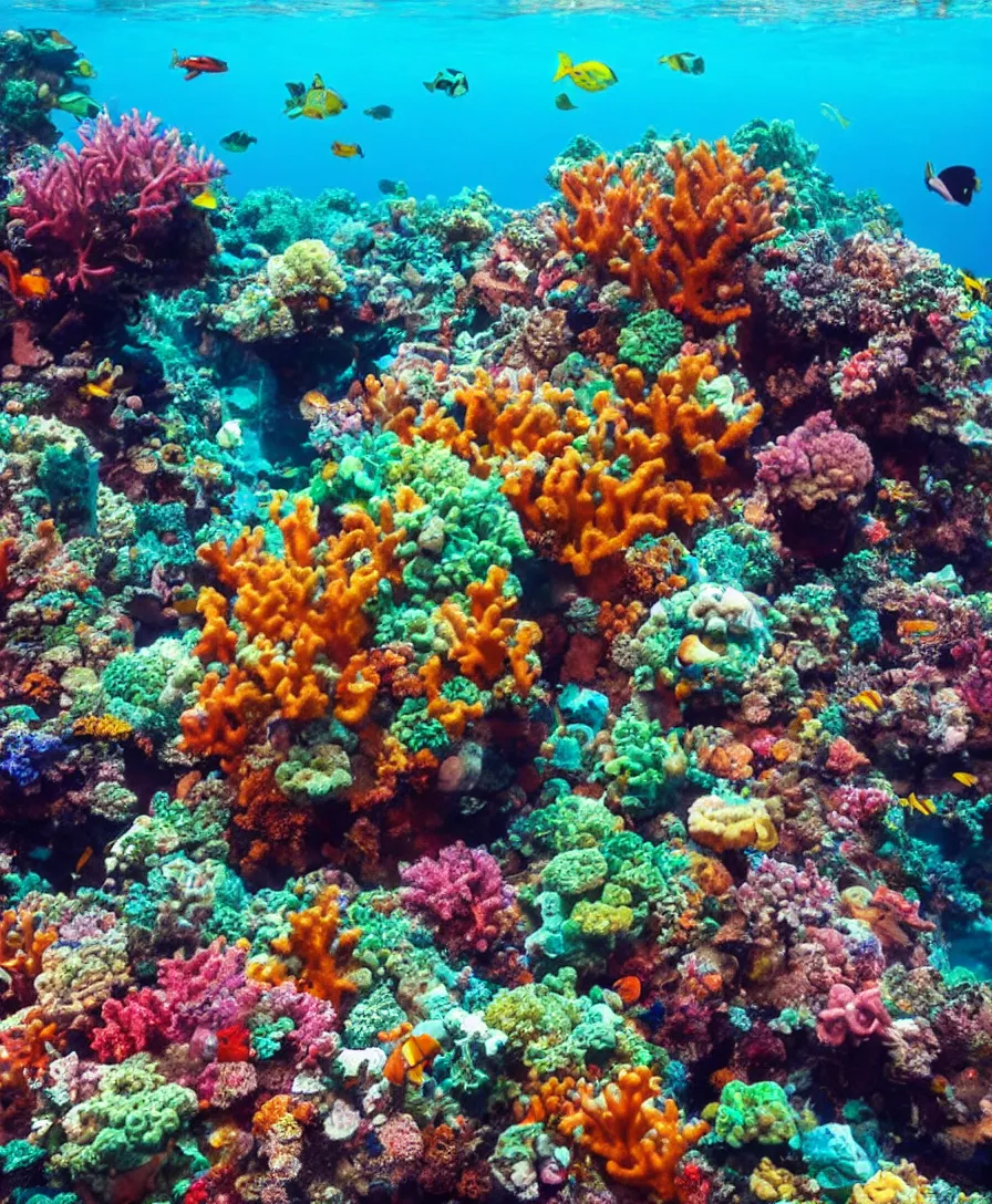 Prompt: a colorful coral reef in the ocean where the lost city of atlantis resides