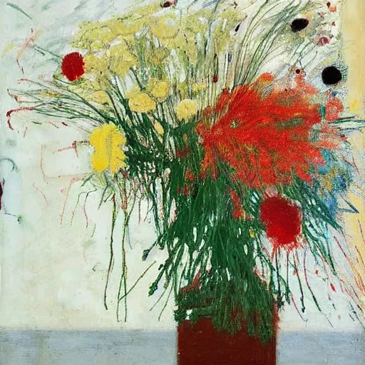 Prompt: an oil painting of dripping flowers by cy twombly