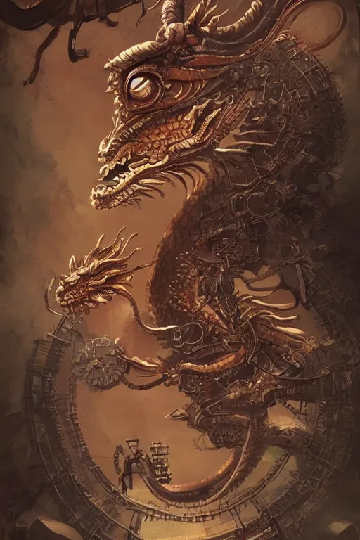 Prompt: illustration, live dragon, old sick gold and crimsoned scaled asian style dragon on a victorian plank of machinery with wires and gears and steam punk apparatus, matte painting, style of studio ghibli, concept art, featured in artstation and artgerm and pixiv, award winning, cinematic, 8 k