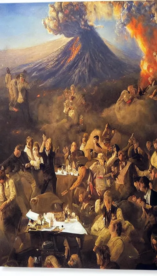 Image similar to still life painting of birthday party getting hit by volcano lava, by Peder Krøyer, golden hour, dramatic lighting, epic, gargantuan, intricate detail, canvas print