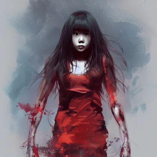 Image similar to full body portrait of a korean schoolgirl with long hair and bangs, her arms are mutating into thin red tedrils, dramatic lighting, illustration by Greg rutkowski, yoji shinkawa, 4k, digital art, sci-fi horror concept art, trending on artstation