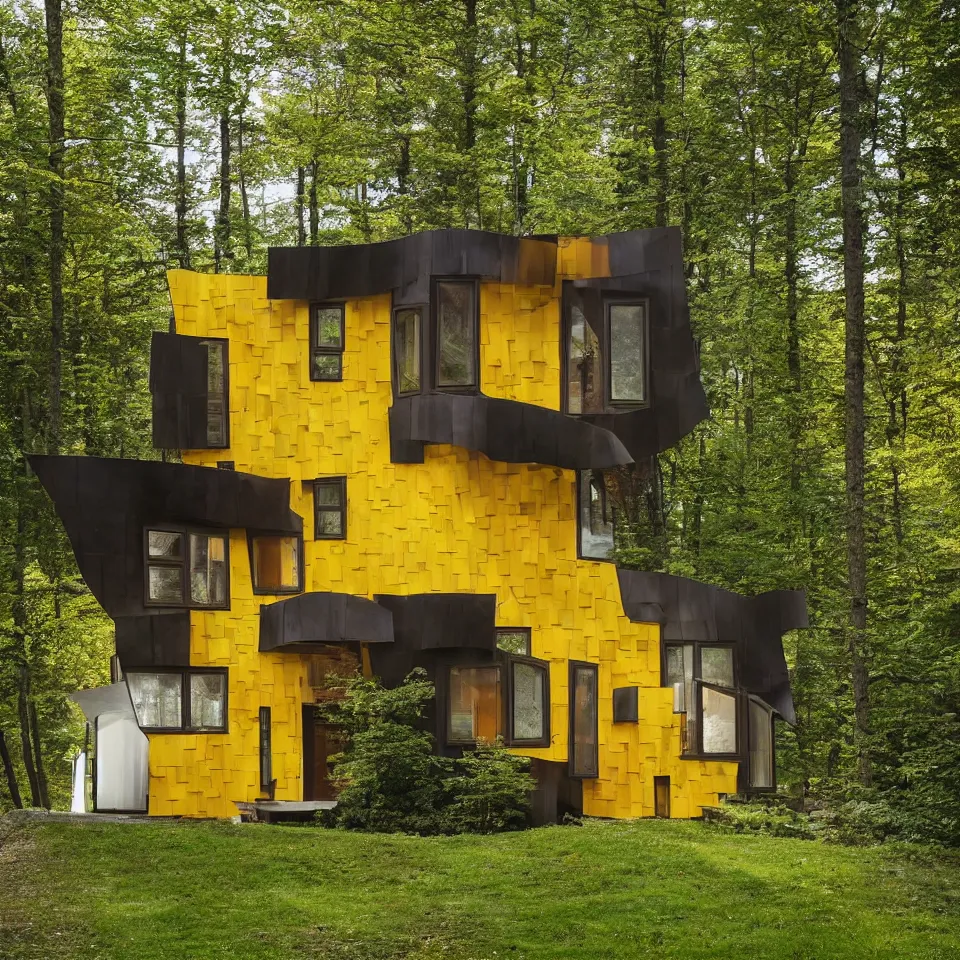 Prompt: a tiny flat horizontal house in the black forest, designed by Frank Gehry. Big tiles. Small wooden pathway . Film grain, cinematic, yellow hue