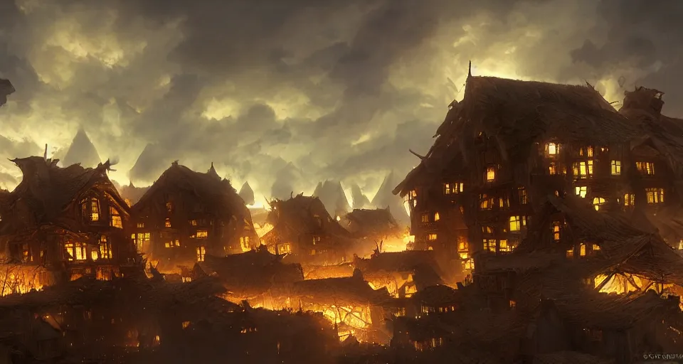 Prompt: one single giant ogre attacks wooden village houses. destruction. atmospheric by eddie mendoza and craig mullins. volumetric lights