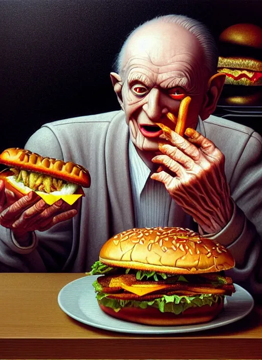 Image similar to hyper detailed 3d render like an Oil painting - Portrait of Palpatine eating a hamburger by Jacek Yerka, Mariusz Lewandowski, Houdini algorithmic generative render, Abstract brush strokes, Masterpiece, Edward Hopper and James Gilleard, Zdzislaw Beksinski, Mark Ryden, Wolfgang Lettl, hints of Yayoi Kasuma, octane render, 8k