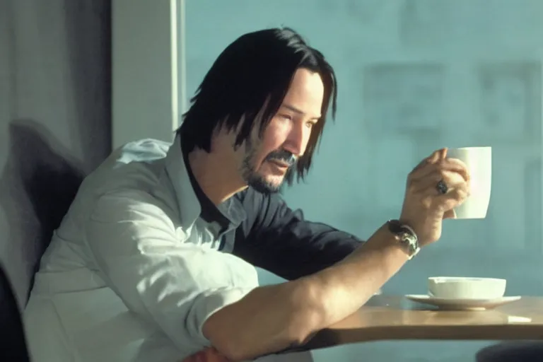 Image similar to Keanu Reeves sitting on a chair and drinking tea and watching the earth on the moon, 4k