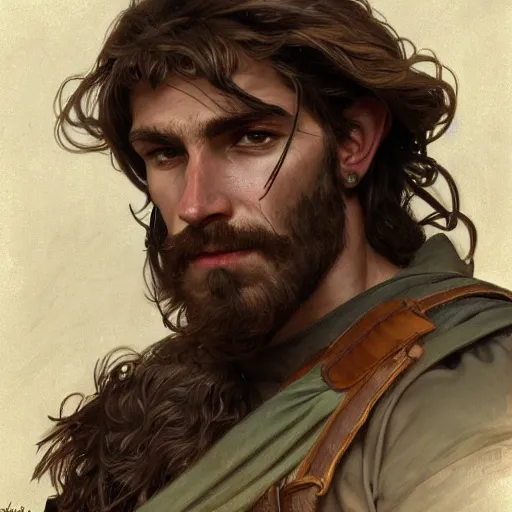 Image similar to portrait of a rugged ranger, muscular, upper body, hairy torso, D&D, fantasy, intricate, elegant, highly detailed, digital painting, artstation, concept art, smooth, sharp focus, illustration, art by alphonse mucha