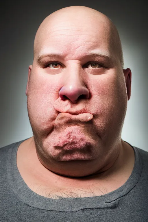 Prompt: studio portrait of man, 4 0 years, bald, obese, unshaven, homer simpson lookalike, looks like a real life version of homer simpson, soft light, black background, fine skin details, award winning photo by annie leibovitz