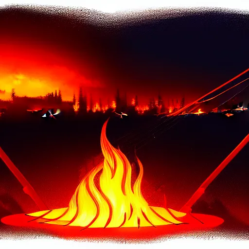 Image similar to in the lower part of the picture is the harp burning in the fire, above are cranes flying in flames, digital painting, concept art