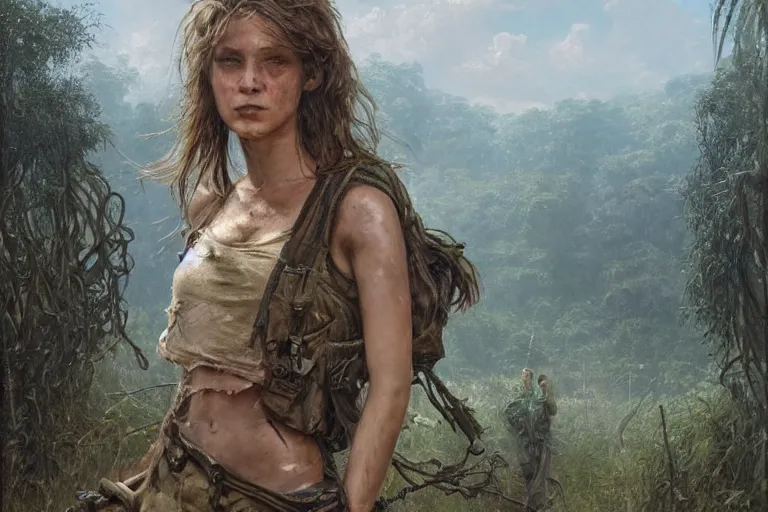 Image similar to artstation concept of a beautiful adventurous girl holding a machine pistol, sweaty skin, symmetrical face, high body detail, ripped up field fatigues, torn open shirt, jungle background with ruins, vines, hyperdetailed, artstation trending, world renowned artists, worth1000.com, cgsociety, by greg rutkowski, by Gustave Doré, by Marco Turini, by Artgerm, Deviantart in the style of Tom Bagshaw, Cedric Peyravernay, Peter Mohrbacher