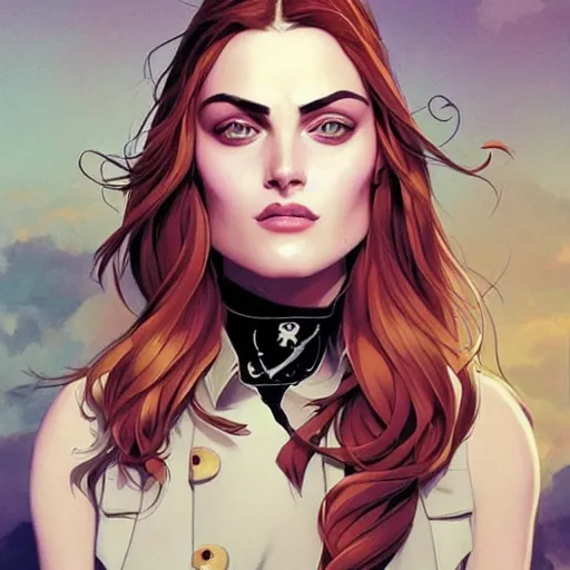 Image similar to Joshua Middleton comic art, pretty female Phoebe Tonkin, pirate, eye patch over left eye, evil smile, symmetrical face, symmetrical eyes, pirate clothing, long wavy blonde hair, full body:: sunny weather::