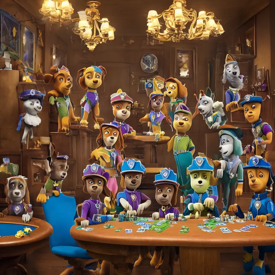 Prompt: beautiful studio photograph of a surrealist assemblage of skye from paw patrol and marshall from paw patrol and chase from paw patrol playing poker in a saloon, sculpted by ron mueck and matthew barney and rene magritte, hysterical realism intense cinematic lighting shocking detail 8 k