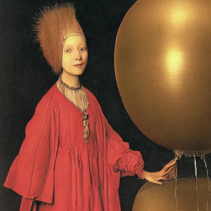 Prompt: a closeup portrait of a woman wrapped in plastic, standing next to a giant huge levitating copper orb, in a foggy pond, by jan van eyck