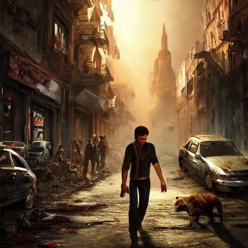 Prompt: nathan drake in a street full of zombies, artstation hall of fame gallery, editors choice, #1 digital painting of all time, most beautiful image ever created, emotionally evocative, greatest art ever made, lifetime achievement magnum opus masterpiece, the most amazing breathtaking image with the deepest message ever painted, a thing of beauty beyond imagination or words