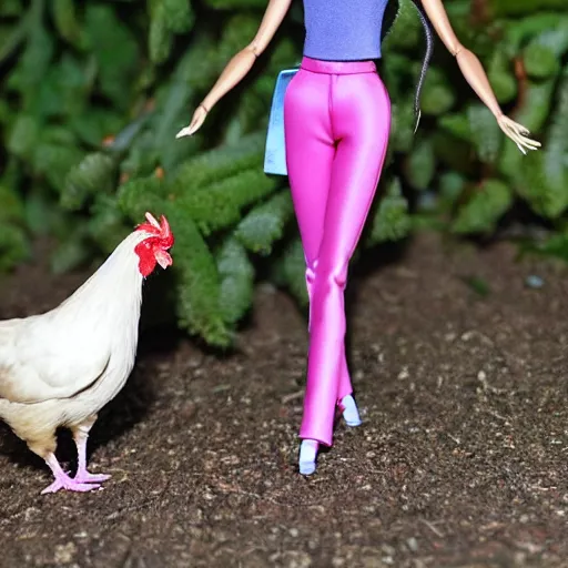 Image similar to barbie walking her pet chicken