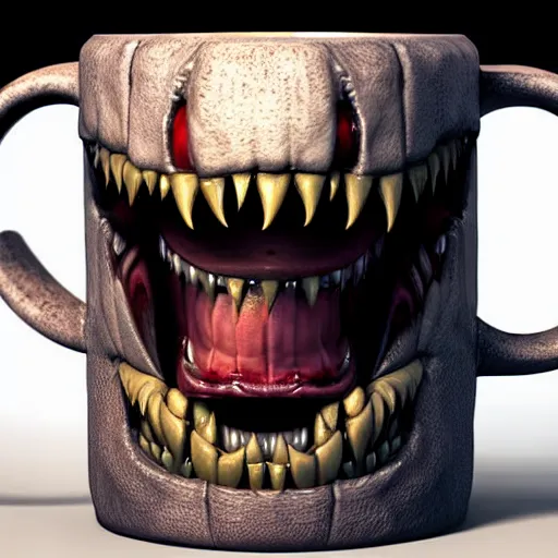 Image similar to monster mimic mug, digital art, many details, super realistic, greg rutkowski style, high quality, 8 k