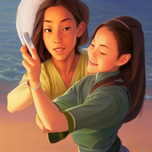 Image similar to beautiful serene intricate portrait of katara and toph beifong taking a selfie, smiling softly, relaxing on the beach, golden hour, soft focus, 8 k, art by irakli nadar, hyperrealism, hyperdetailed, ultra realistic