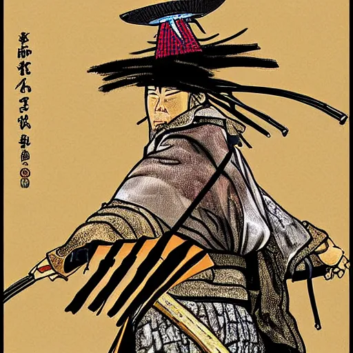 Prompt: a detailed dramatic digital art of a samurai wearing a birthday hat