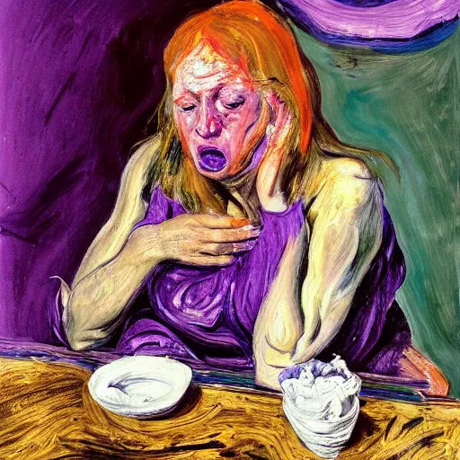 Image similar to high quality high detail expressionist painting of a woman eating in agony by lucian freud and jenny saville and francis bacon and francisco goya and edvard munch, hd, anxiety, seated at table crying and screaming, turquoise and purple and orange and pink