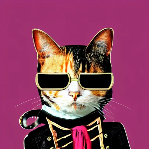 Image similar to extreme wide shot of a pirate cat, wearing an eye patch, pop surrealism, pop art, digital art. by Andy Warhol, wide shot, 4K, trending on artstation