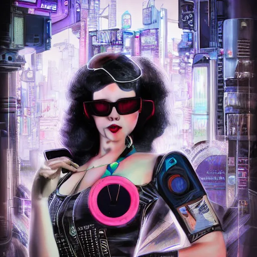 Prompt: a portrait 1 9 2 0 style cyberpunk neon pinup girl with sunglasses by sandra chevrier, detailed render, epic composition, cybernetics, 4 k realistic, cryengine, realistic shaded lighting, sharp focus, masterpiece, by matteo scalera, gary montalbano, peter elson in the style of the tokyo ghost comic