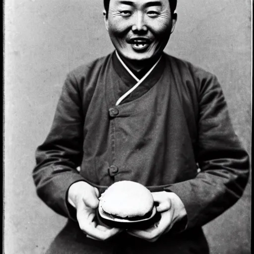 Prompt: a photo of a happy man from qing empire holding and eating a hamburger, award winning photo, high quality, 1 9 century photo, highly detailed, black and white