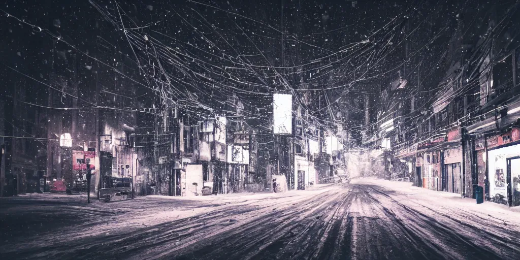 Prompt: a city street at night, snowing, photograph, cyberpunk, sharp focus, intricate detail, Desolate, drone shot, high resolution, 8k, neon streetlights, wires hanging down everywhere