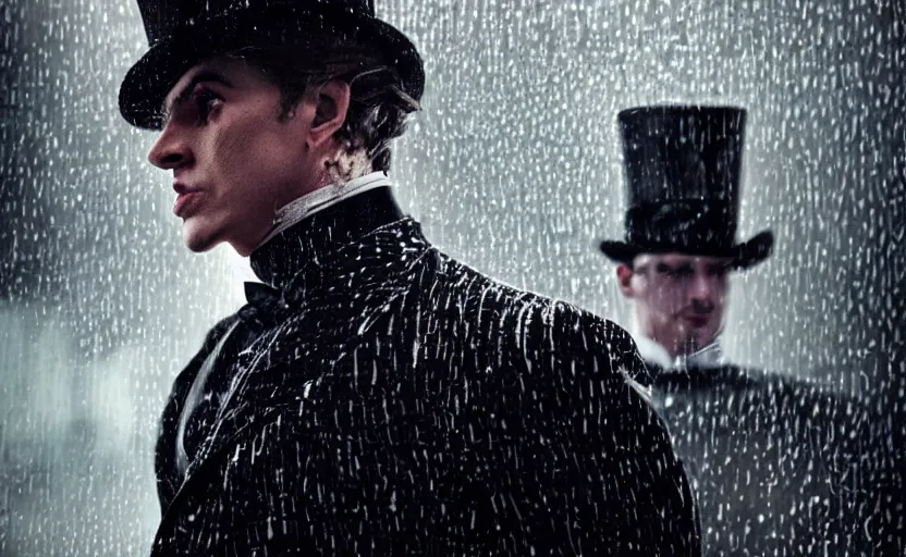 Image similar to cinestill 5 0 d candid photographic portrait by david cronenberg of baroque steampunk cyborg gentleman wearing an edwardian suit and top hat, modern cyberpunk moody emotional cinematic, closeup, pouring rain menacing lights shadows, 8 k, hd, high resolution, 3 5 mm, f / 3 2, ultra realistic faces, ex machina